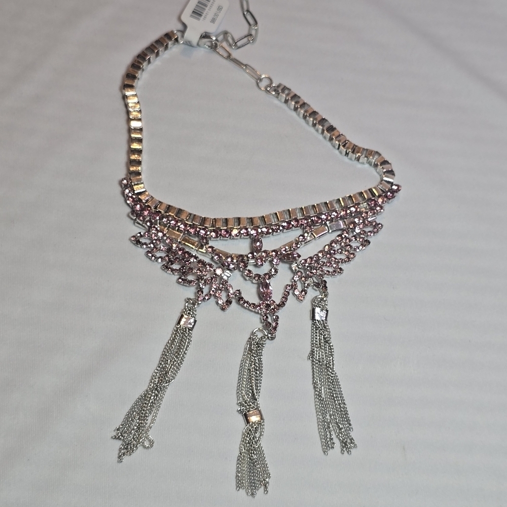 NWT Free People Silver Pink Crystal Chandelier Necklace Prom Formal Wedding